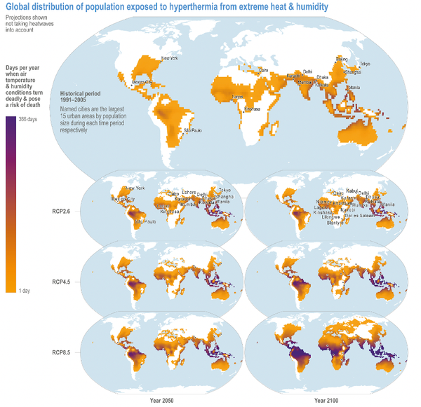Distribution mondiale de la population exposée à l’hyperthermie du fait de chaleur et humidité extrêmes